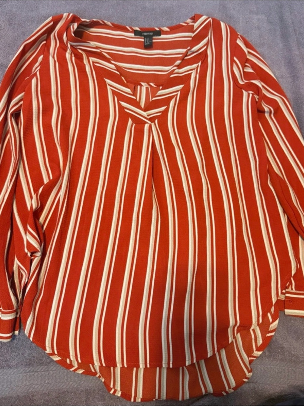 Forever 21 Rust Red & White Striped V-Neck Blouse